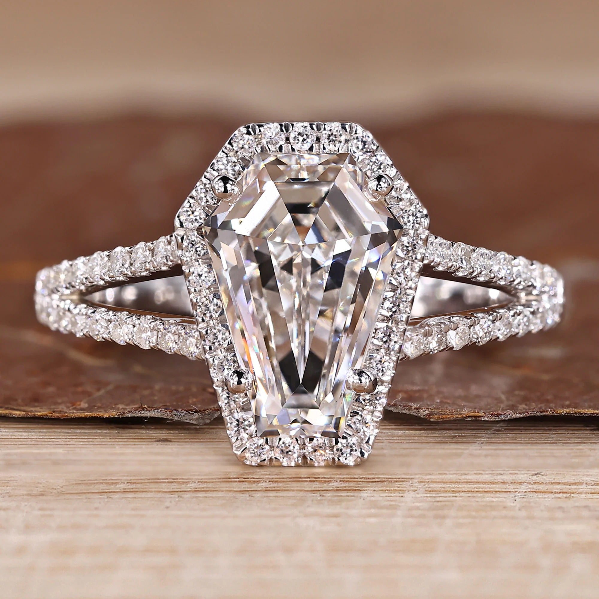 Coffin Cut White Color Lab Grown Diamond Halo Engagement Gold Ring Shree Diamond Mfg